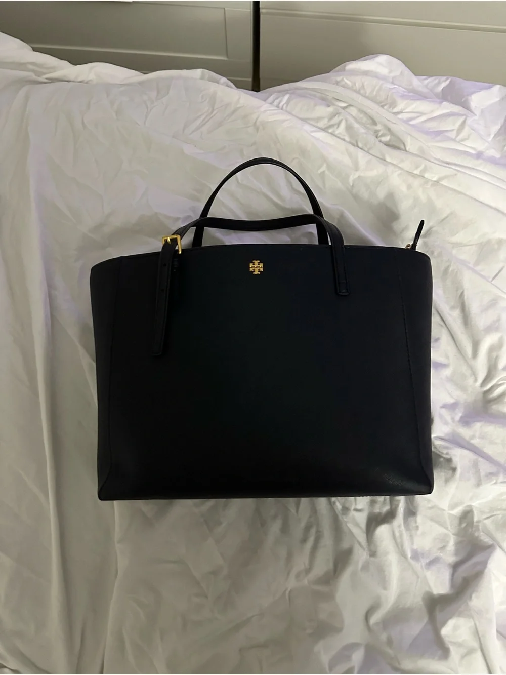 Tory Burch Navy Emerson Small Tote Leather Satchel with Crossbody Strap